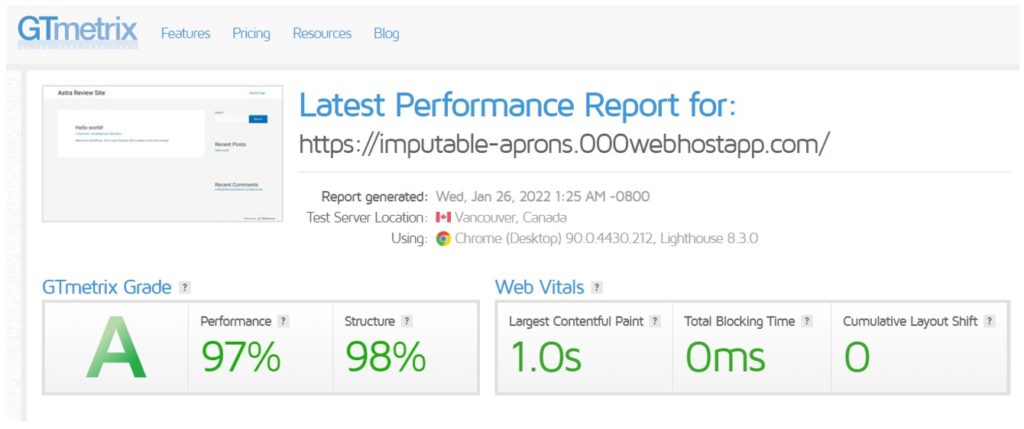 Astra Theme GTMetrix Results First Test