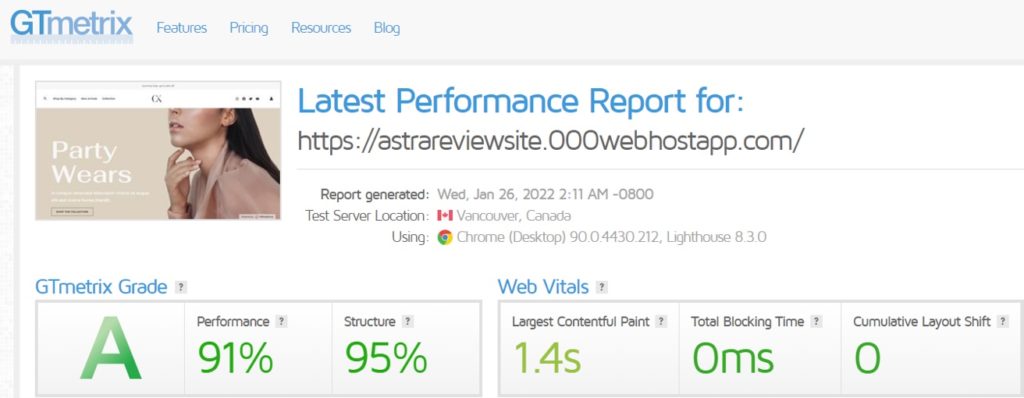 Astra Theme GTMetrix Results Second Test