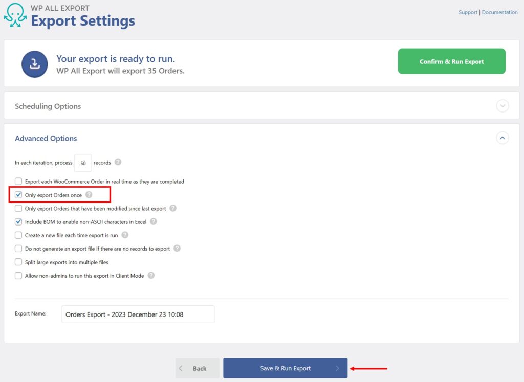 Create New Orders Every Week Export Settings