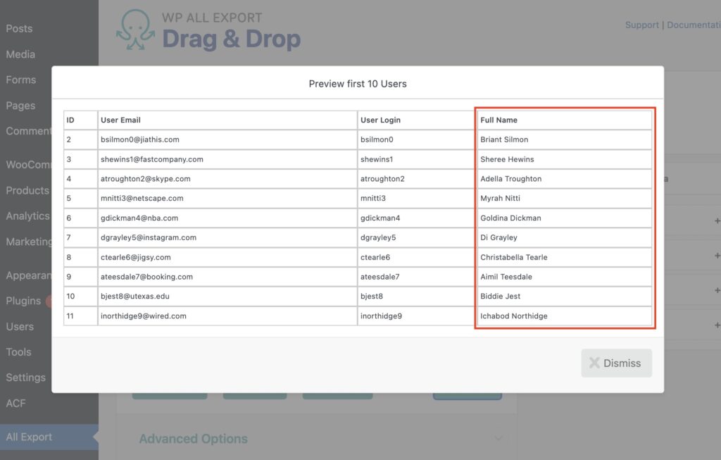 Custom Export Fields Full Name Preview