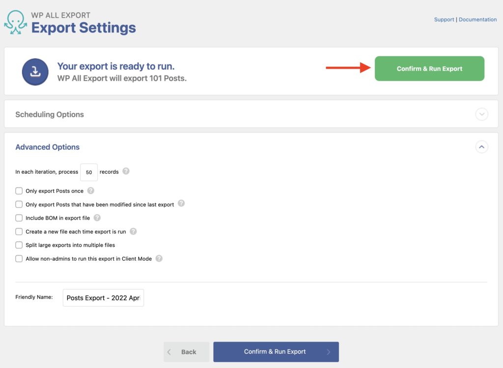 Export Advanced Custom Fields Confirm and Run Export