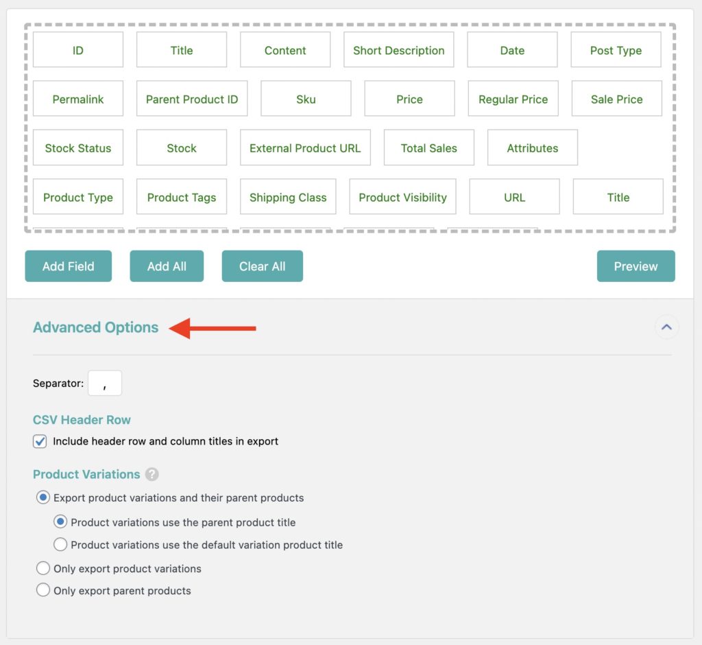 Export Variable Products Advanced Options