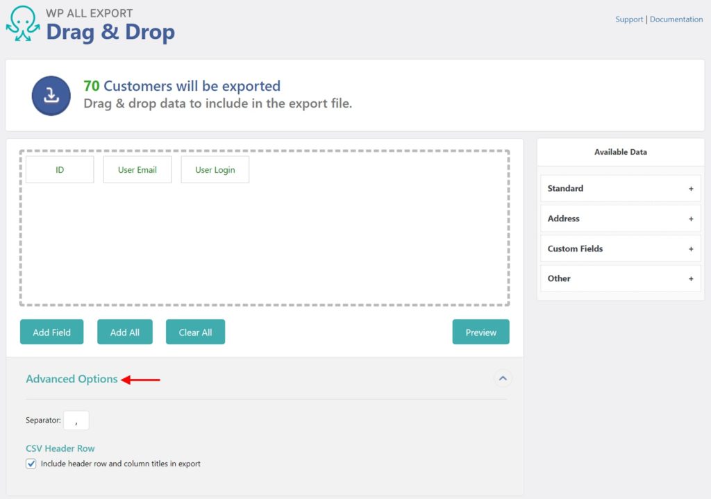 Export Customers Advanced Options CSV