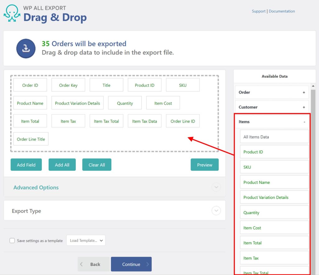Export WooCommerce Orders Items Section