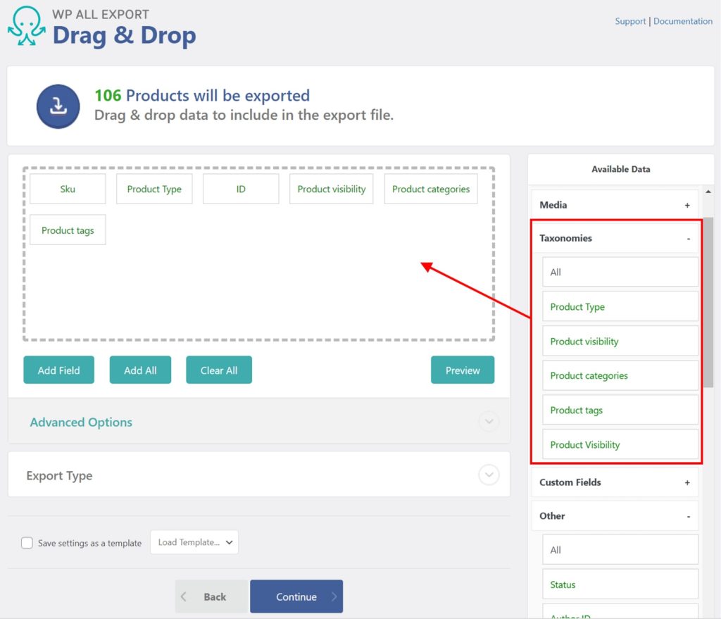 Export WooCommerce Products Taxonomies Section