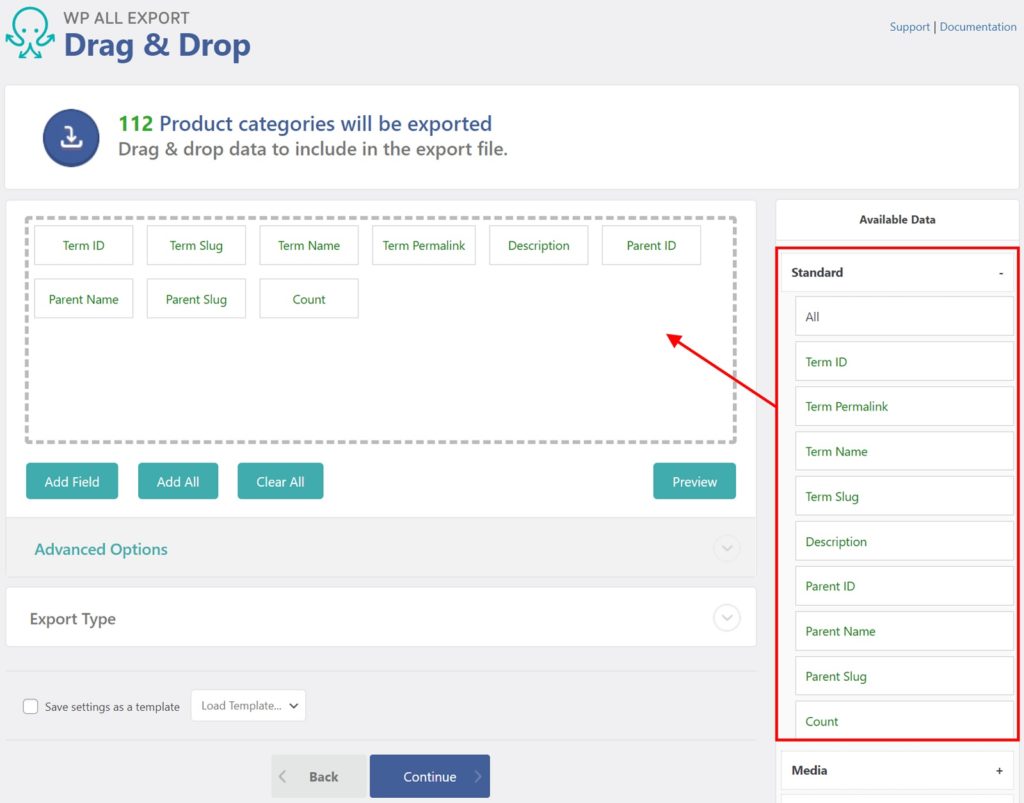 Export WordPress Categories Tags Standard Fields