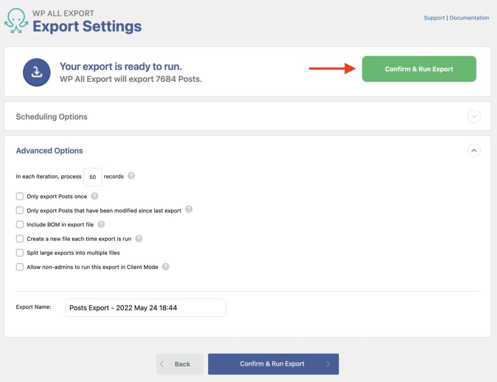 Export WordPress Confirm Settings and Run Export