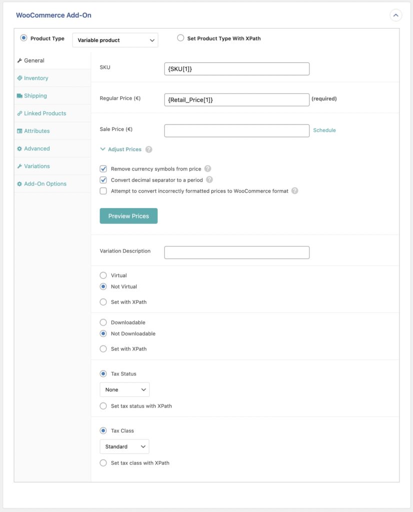 Import Variable Products General Tab