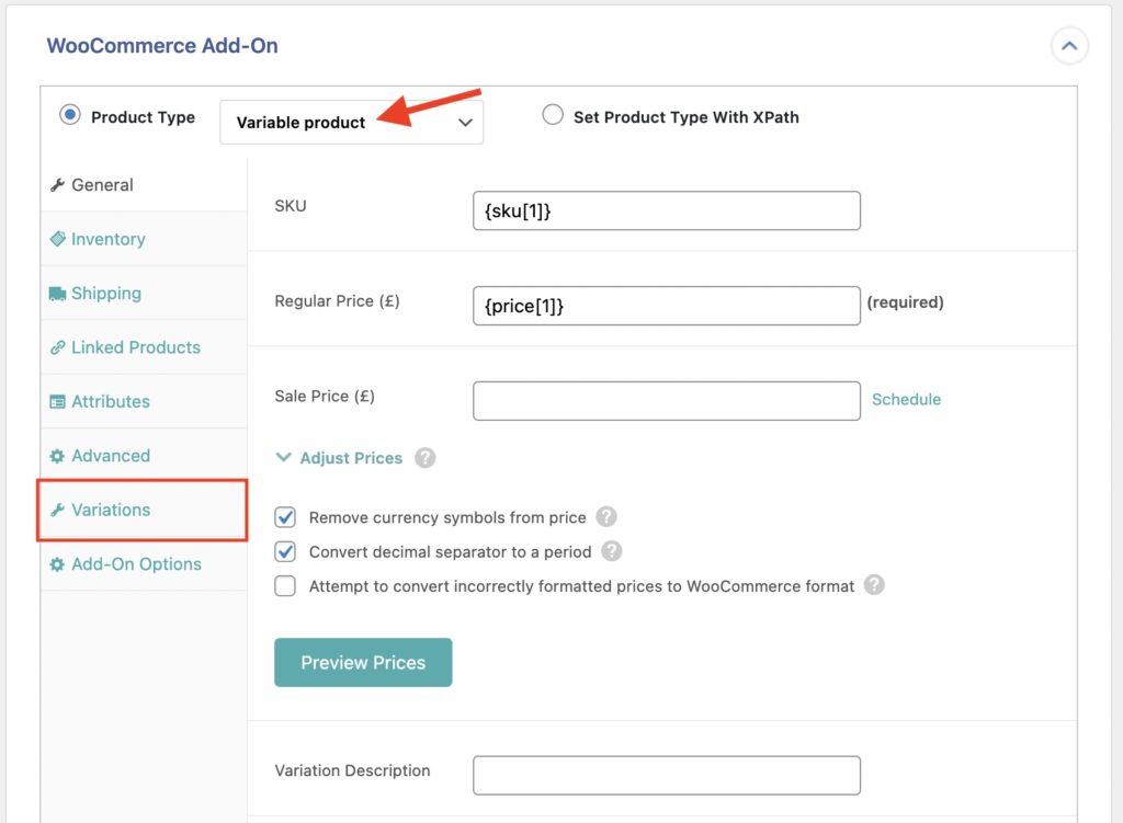 Import WooCommerce Products Variable Product Type