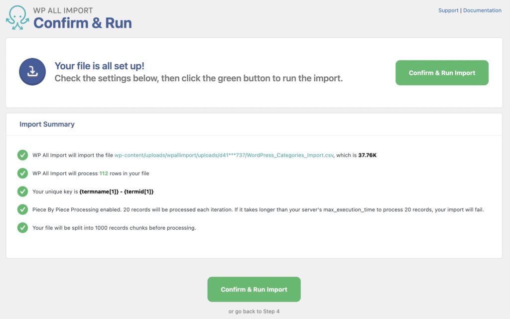 Import WordPress Categories and Tags Confirm and Run
