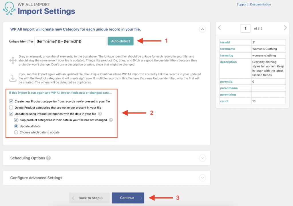 Import WordPress Categories and Tags Import Settings Screen