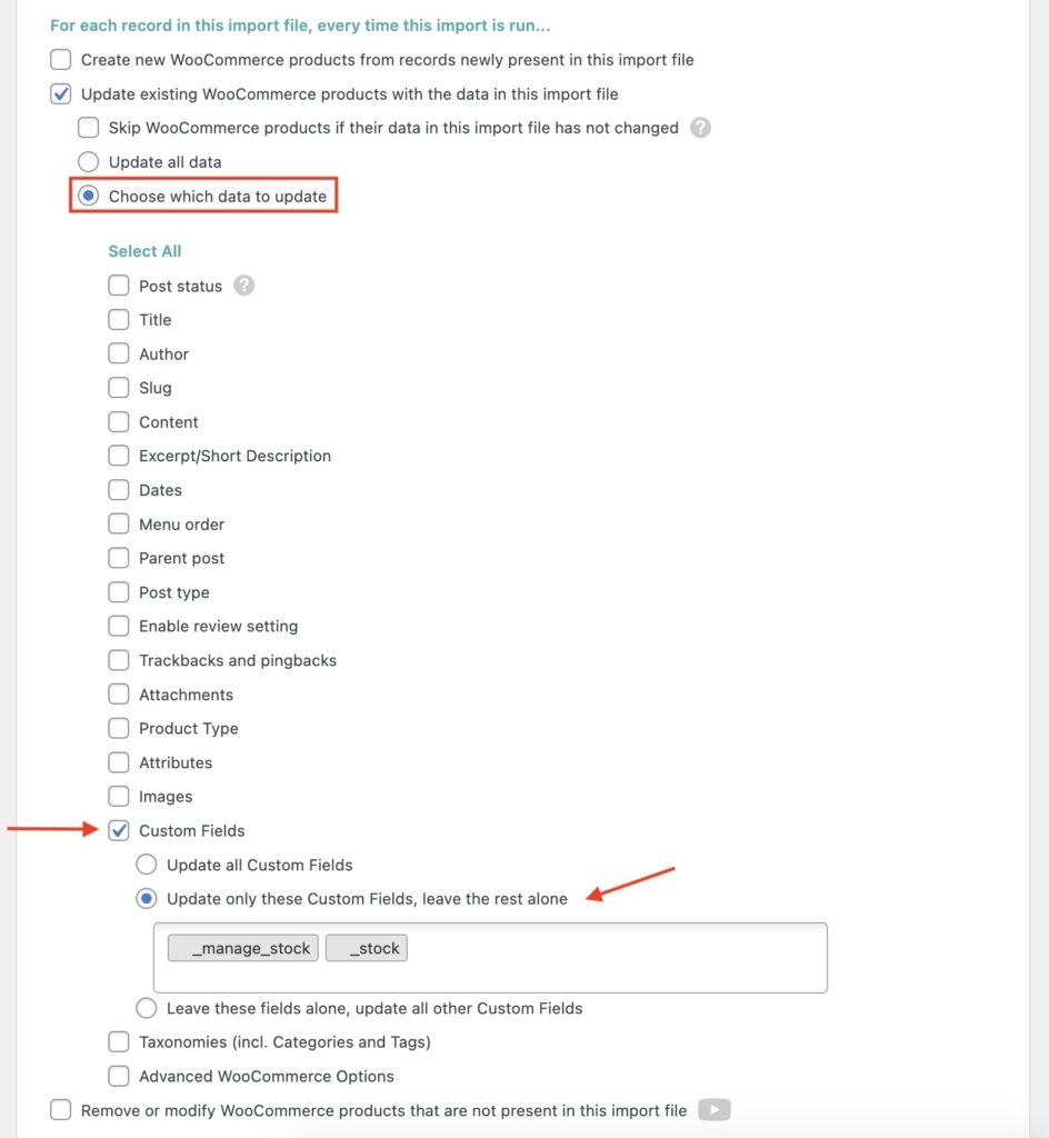 Syncing Stock Levels Define Fields to Update