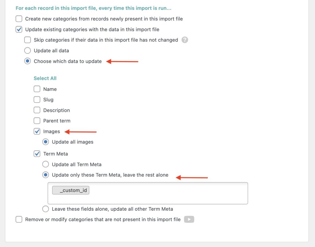 Taxonomy Meta and Images Define What to Update