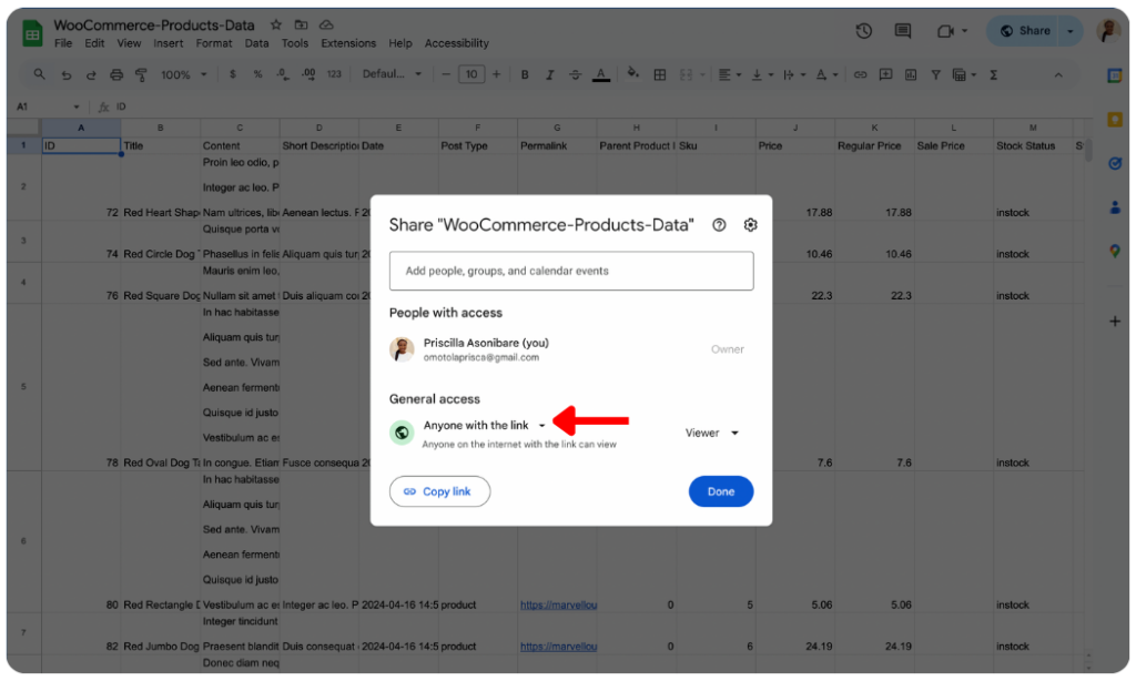 change Google Sheets access to anyone with a link