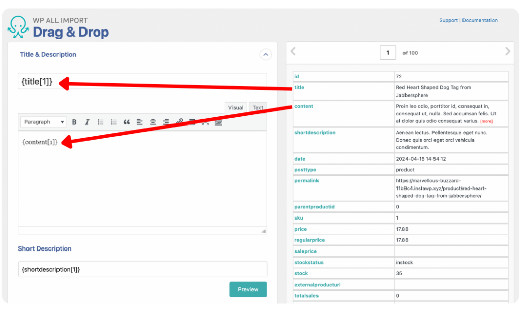 drag and drop to map product title and description