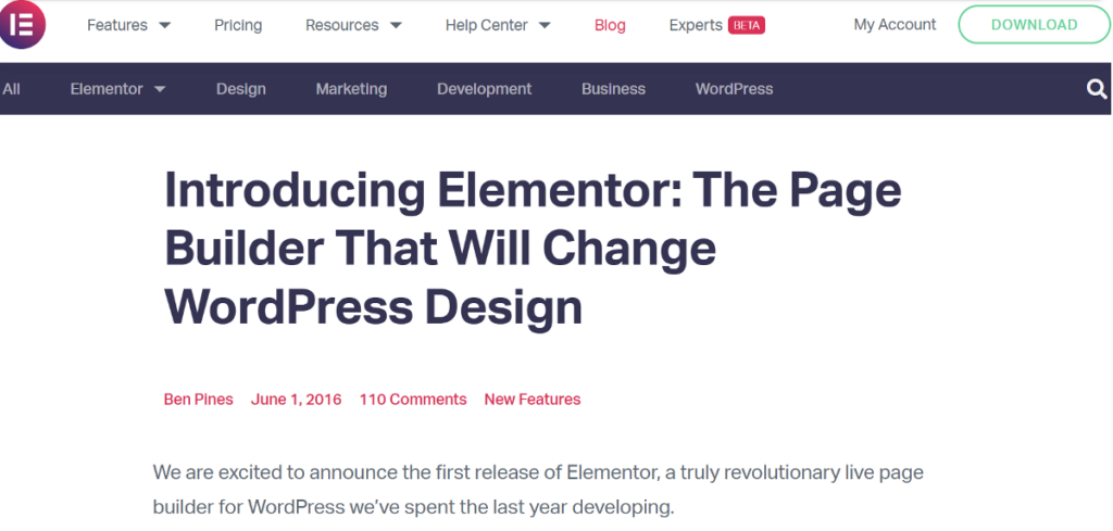 Elementor launch blog post