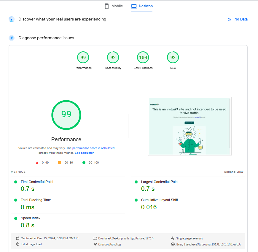 GeneratePress pagespeed desktop