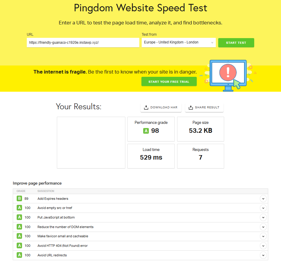 GeneratePress performance Pingdom