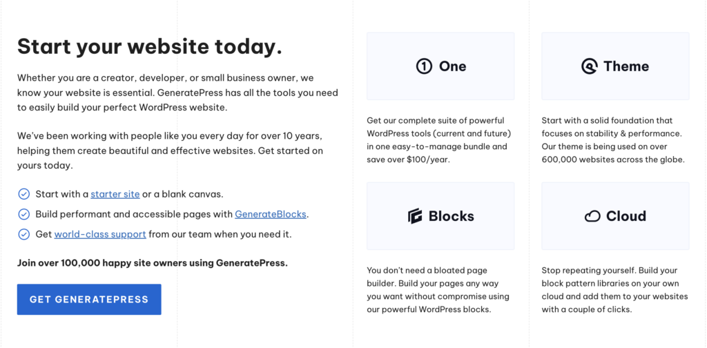 GeneratePress start your website