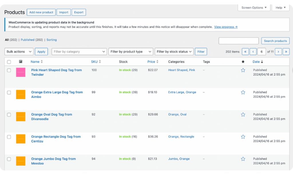 imported products in WooCommerce dashboard