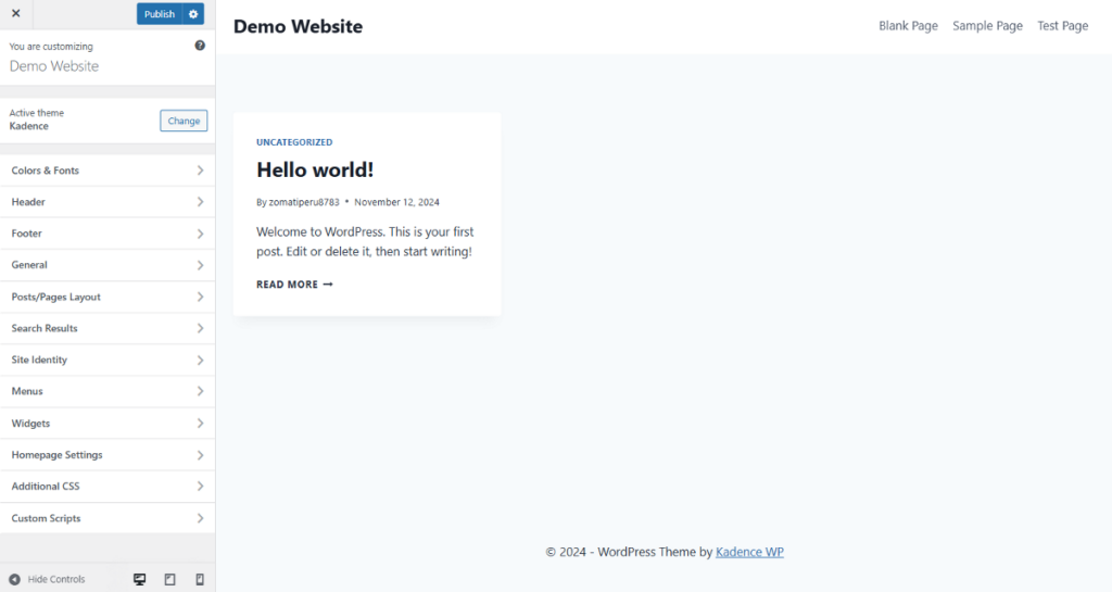 Kadence customizer interface