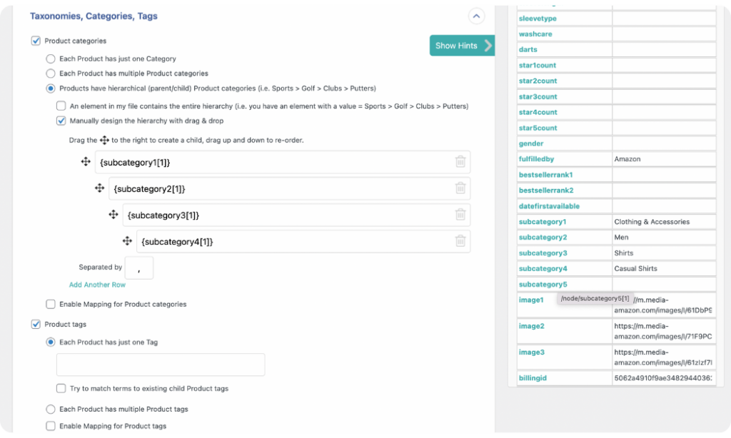 map amazon product categories and tags to WooCommerce