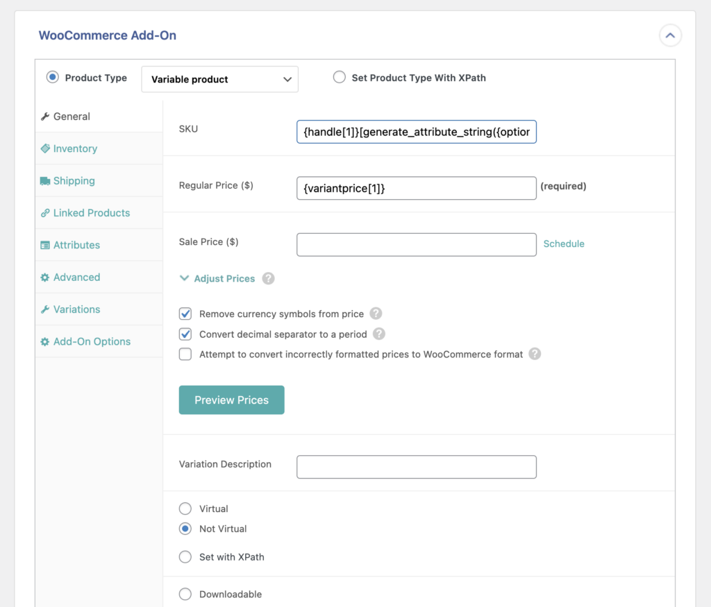 Map General Tab Import Variable Products from Shopify