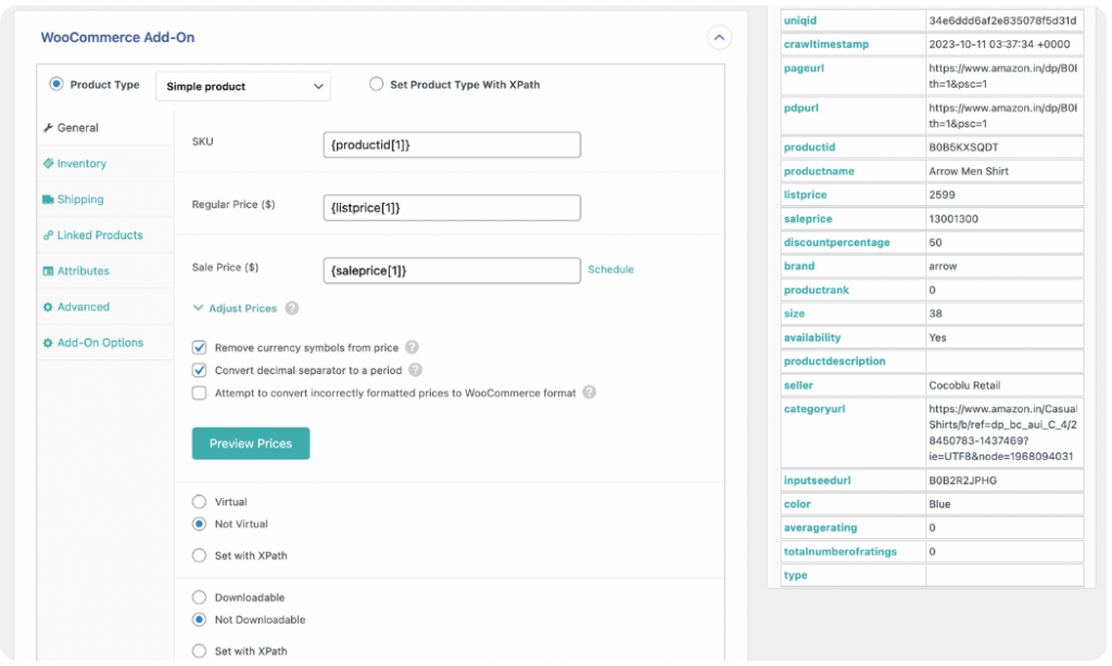 map product fields in WooCommerce add-on panel