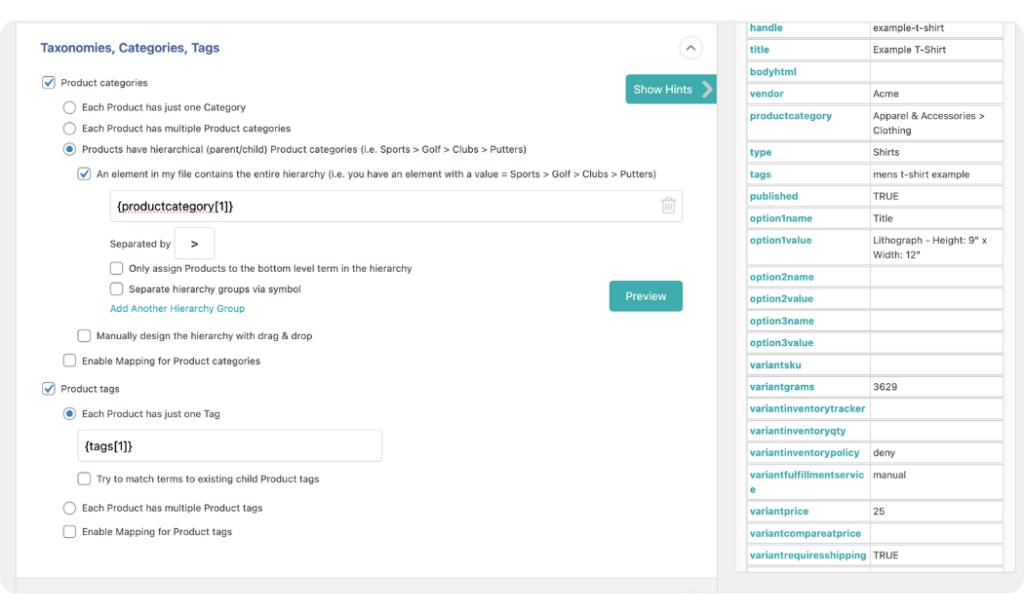 map shopify product categories tags and other taxonomies