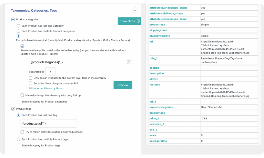 map WooCommerce product categories and tags