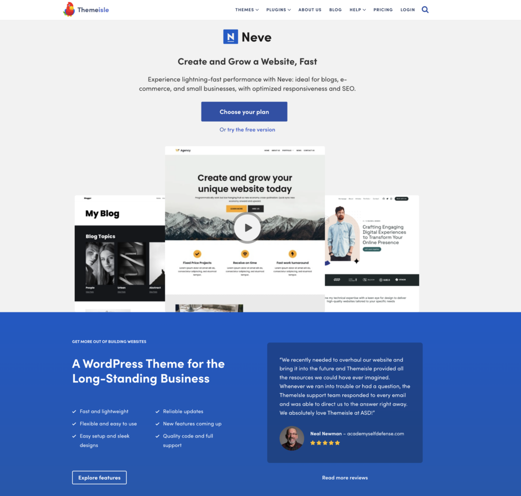 Neve theme homepage