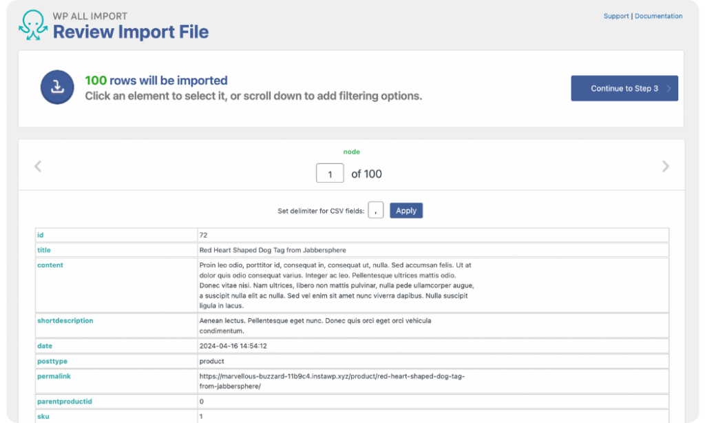 review the loaded product data in WP All Import