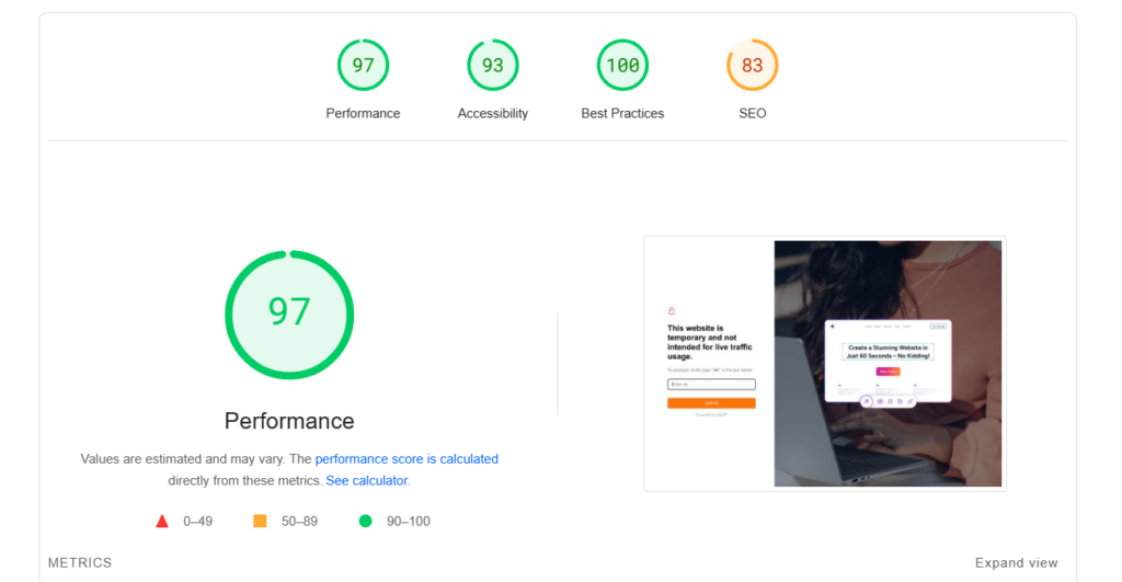 Spectra PageSpeed insights